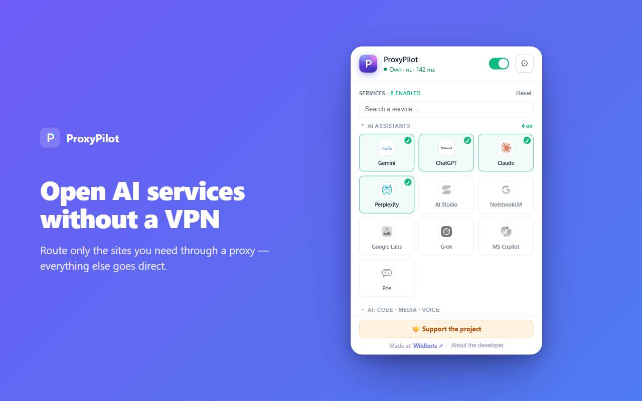 ProxyPilot popup — main screen