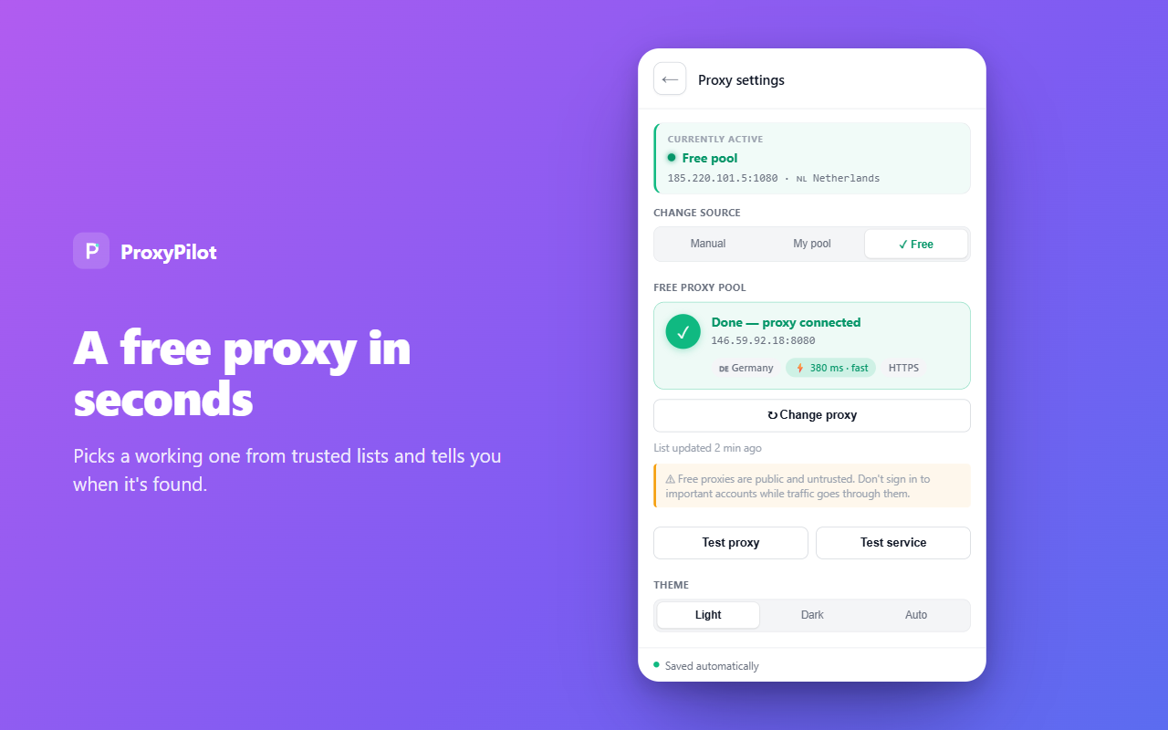 Free pool — automatically finds a working proxy